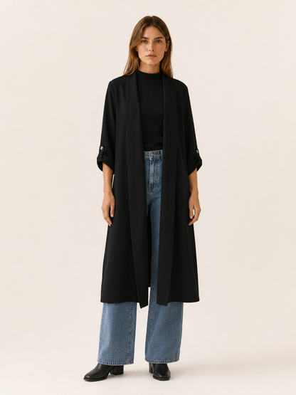 Elegant Long Trench Coat for Women with Open Front Roll Tab Sleeve Belted Waist Classic Style