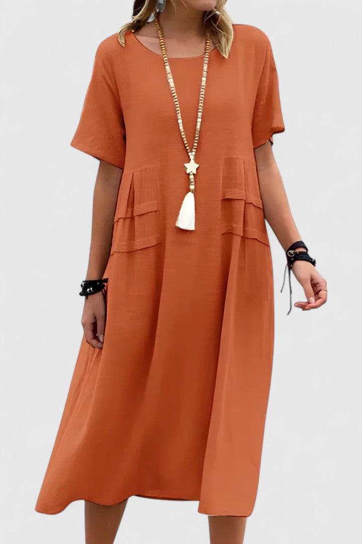 Effortless Linen Midi Dress for Women with Round Neck Short Sleeve Draped Pocket Casual Style