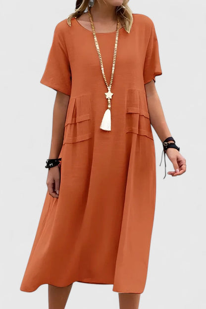 Effortless Linen Midi Dress for Women with Round Neck Short Sleeve Draped Pocket Casual Style