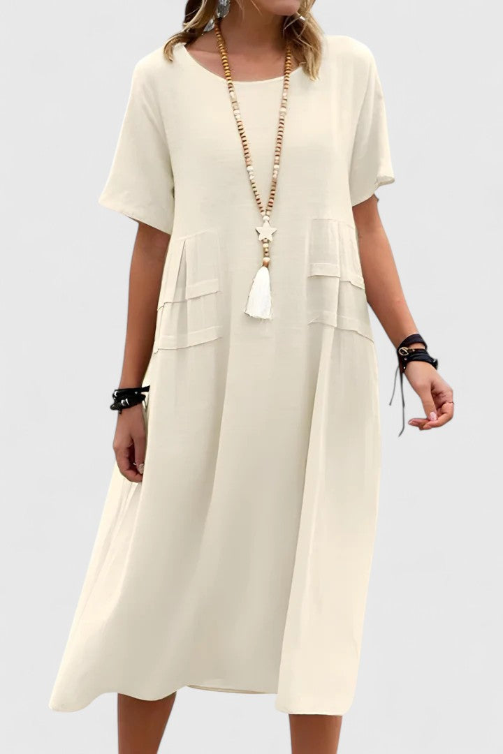 Effortless Linen Midi Dress for Women with Round Neck Short Sleeve Draped Pocket Casual Style