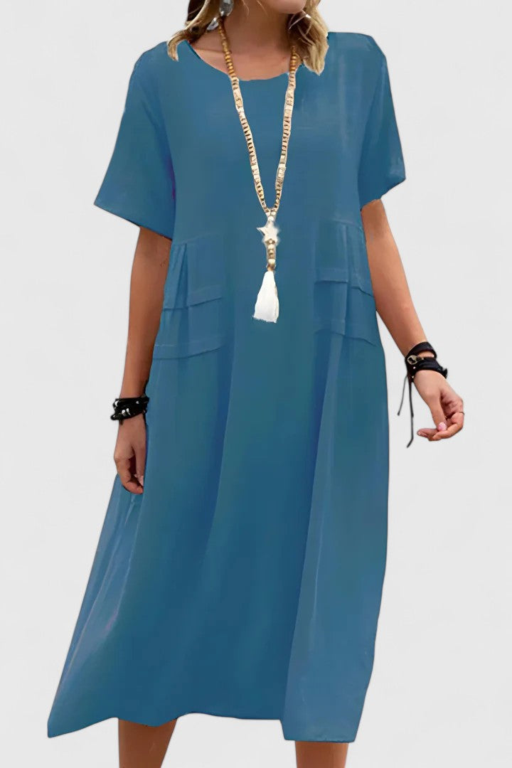 Effortless Linen Midi Dress for Women with Round Neck Short Sleeve Draped Pocket Casual Style