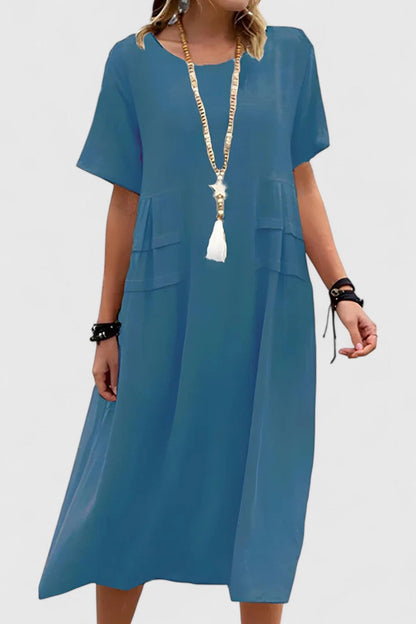 Effortless Linen Midi Dress for Women with Round Neck Short Sleeve Draped Pocket Casual Style