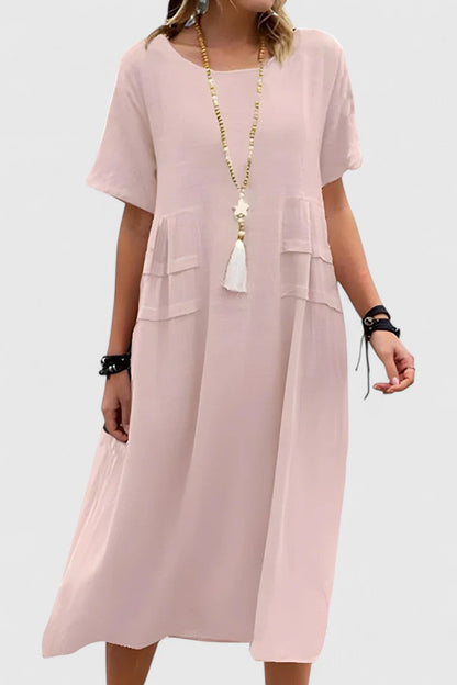Effortless Linen Midi Dress for Women with Round Neck Short Sleeve Draped Pocket Casual Style