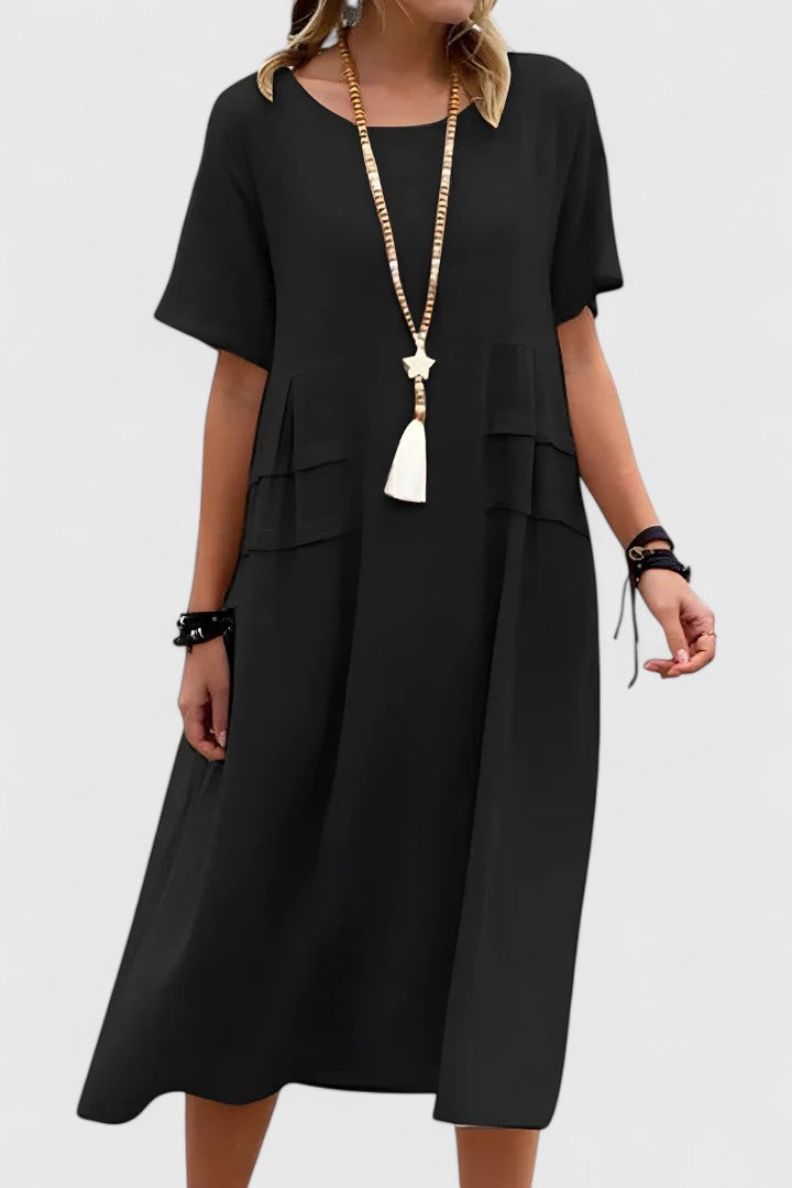 Effortless Linen Midi Dress for Women with Round Neck Short Sleeve Draped Pocket Casual Style