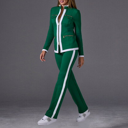 Stylish Two Piece Set for Women with Stand Collar Long Sleeve Zip Up Side Stripe Athleisure Style