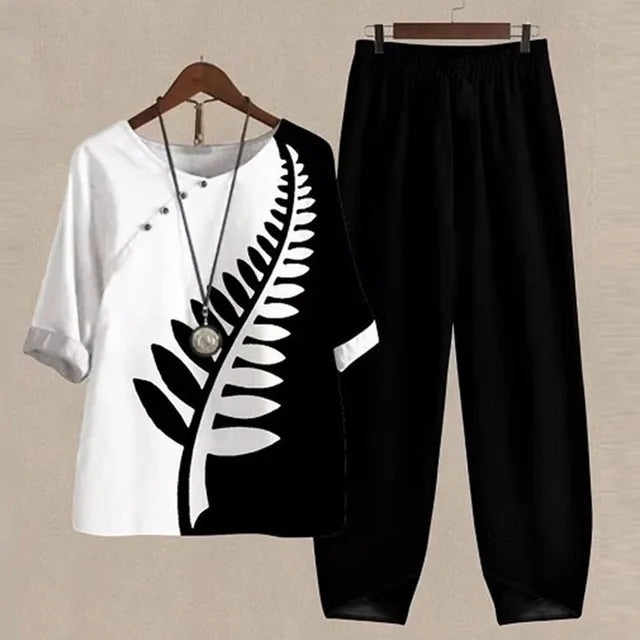 Effortless Two Piece Set for Women with Printed Short Sleeve Top Tapered Pants Relaxed Casual Style