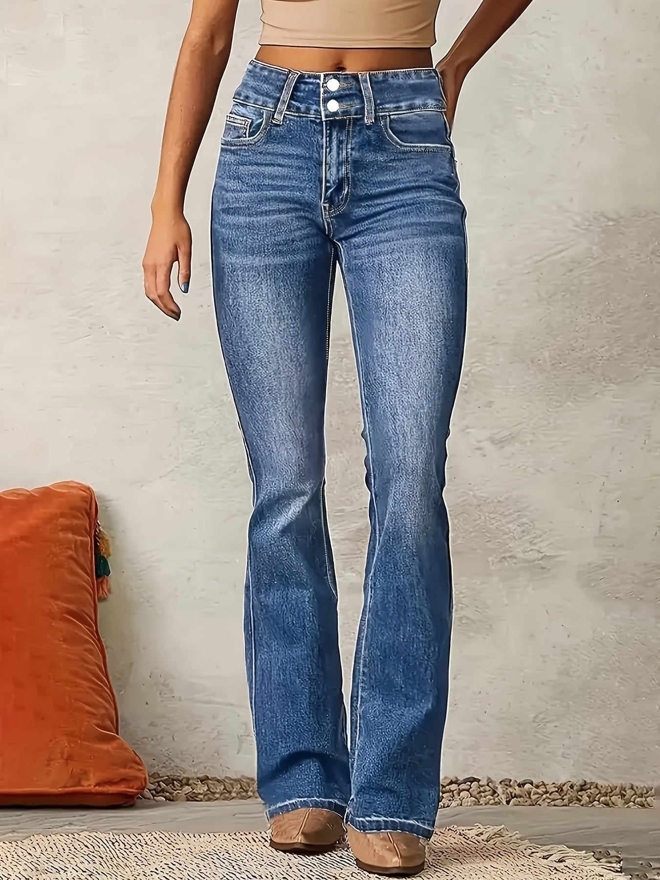 Effortless Medium Blue Flare Jeans for Women with High Waist Button Front Bootcut Relaxed Style