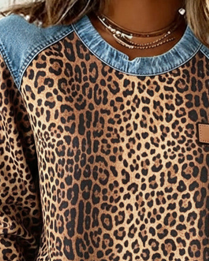 Comfortable Leopard Print Sweatshirt for Women with Crew Neck Long Sleeve Denim Colorblock Relaxed Style