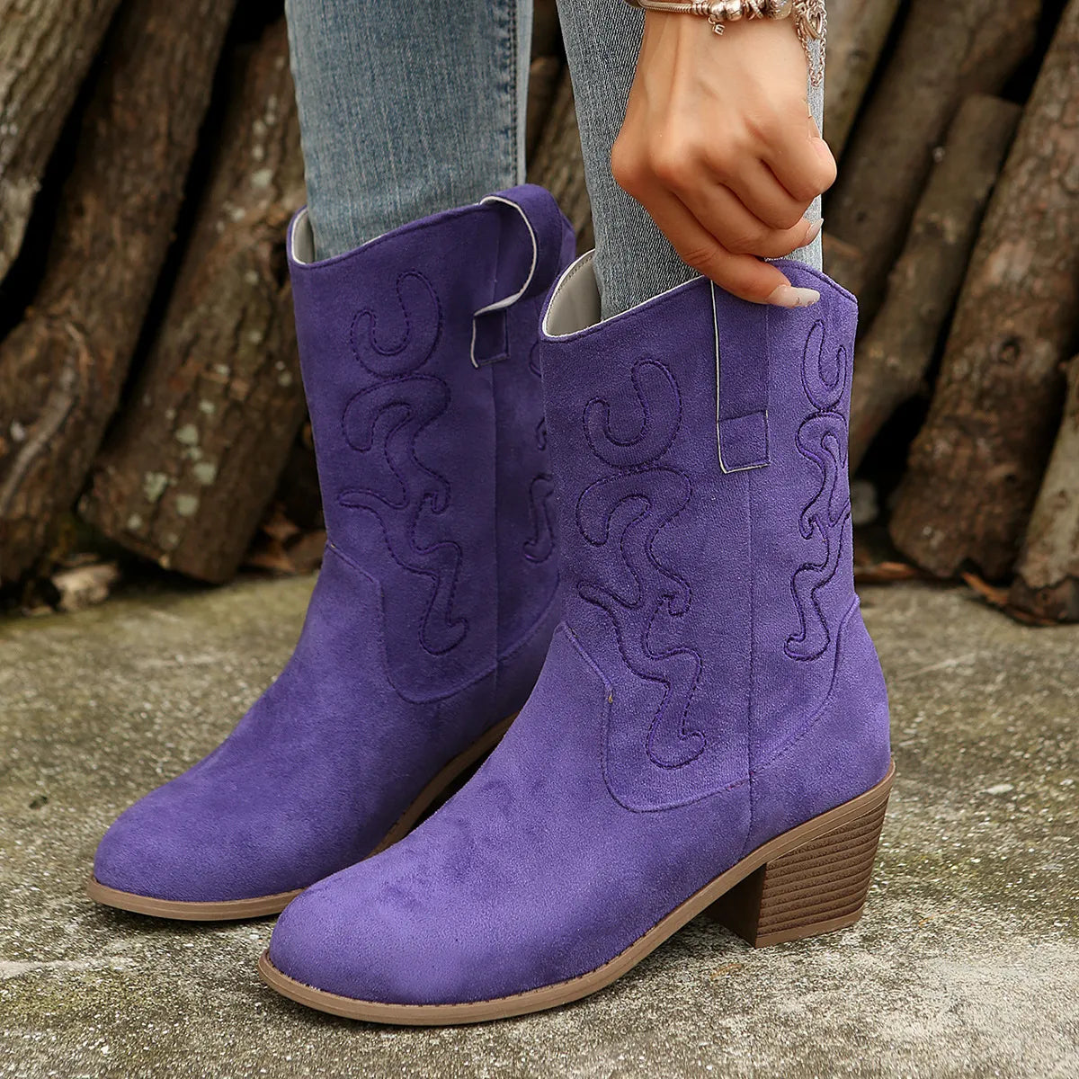 Stylish Suede Cowboy Boots for Women with Embroidered Pointed Toe Block Heel Western Style