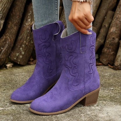 Stylish Suede Cowboy Boots for Women with Embroidered Pointed Toe Block Heel Western Style
