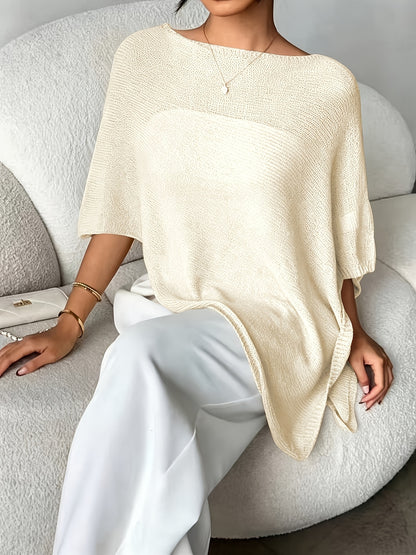 Effortless Poncho Shirt for Women with Boat Neck Asymmetric Hem Sheer Knit Style