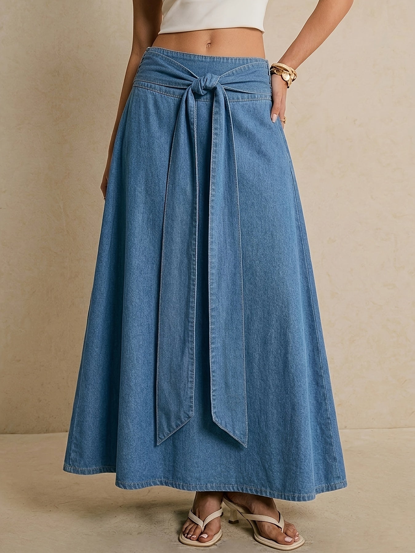 Effortless Blue Denim Maxi Skirt for Women with Tie Waist A Line Flowing Style