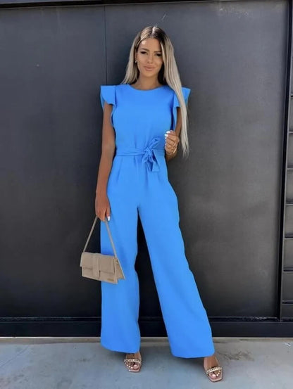 Elegant Ruffle Sleeve Jumpsuit for Women with Round Neck Belted Wide Leg Flowing Style