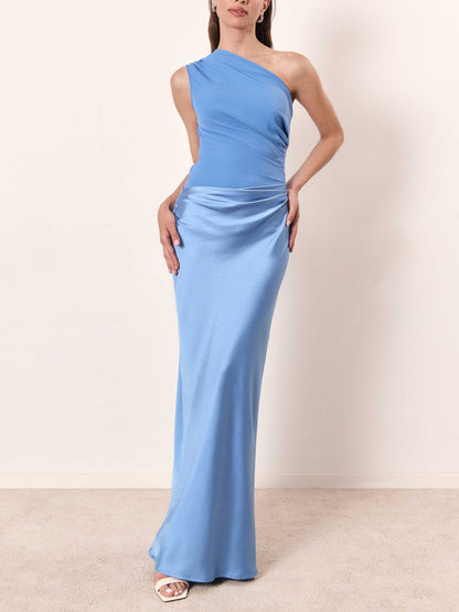 Elegant Satin Maxi Dress for Women with One Shoulder Ruched Waist Bias Cut Formal Wedding Guest Style
