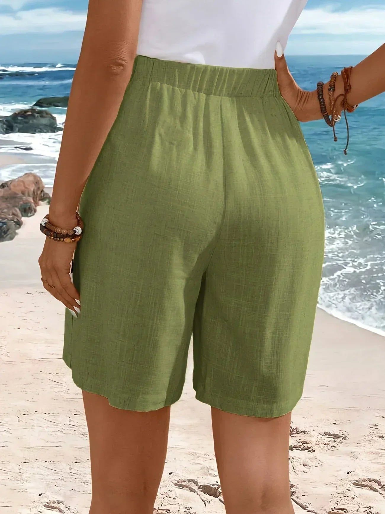 Effortless Linen Shorts for Women with High Waist Button Front Relaxed Bermuda Style