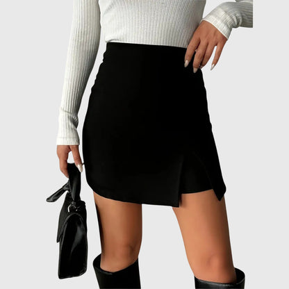 Stylish Black Mini Skirt for Women with High Waist Asymmetric Split Hem Fitted Pencil Casual Style