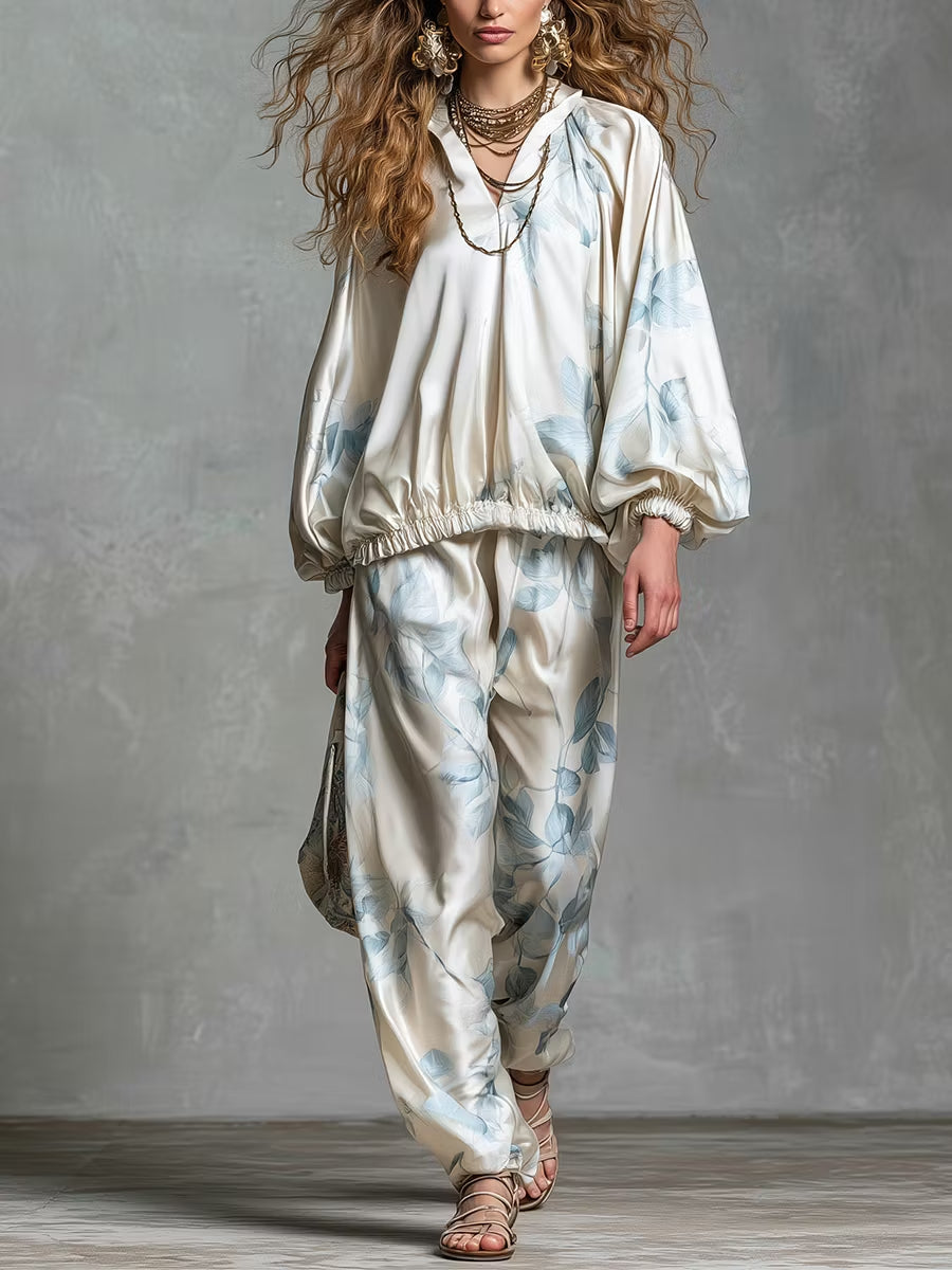 Effortless Blue Floral Satin Two Piece Set for Women with Blouson Top Wide Leg Pants Bohemian Style