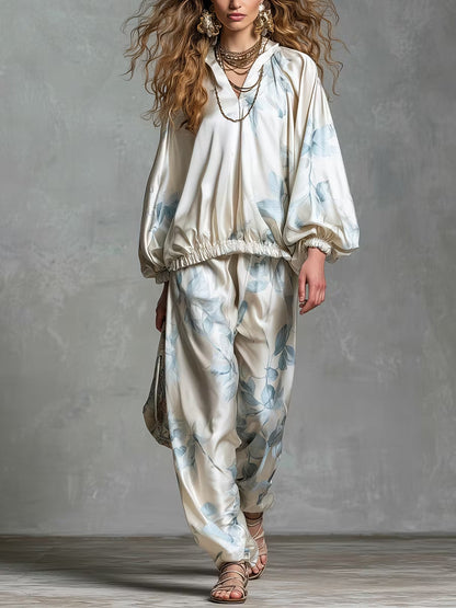 Effortless Blue Floral Satin Two Piece Set for Women with Blouson Top Wide Leg Pants Bohemian Style