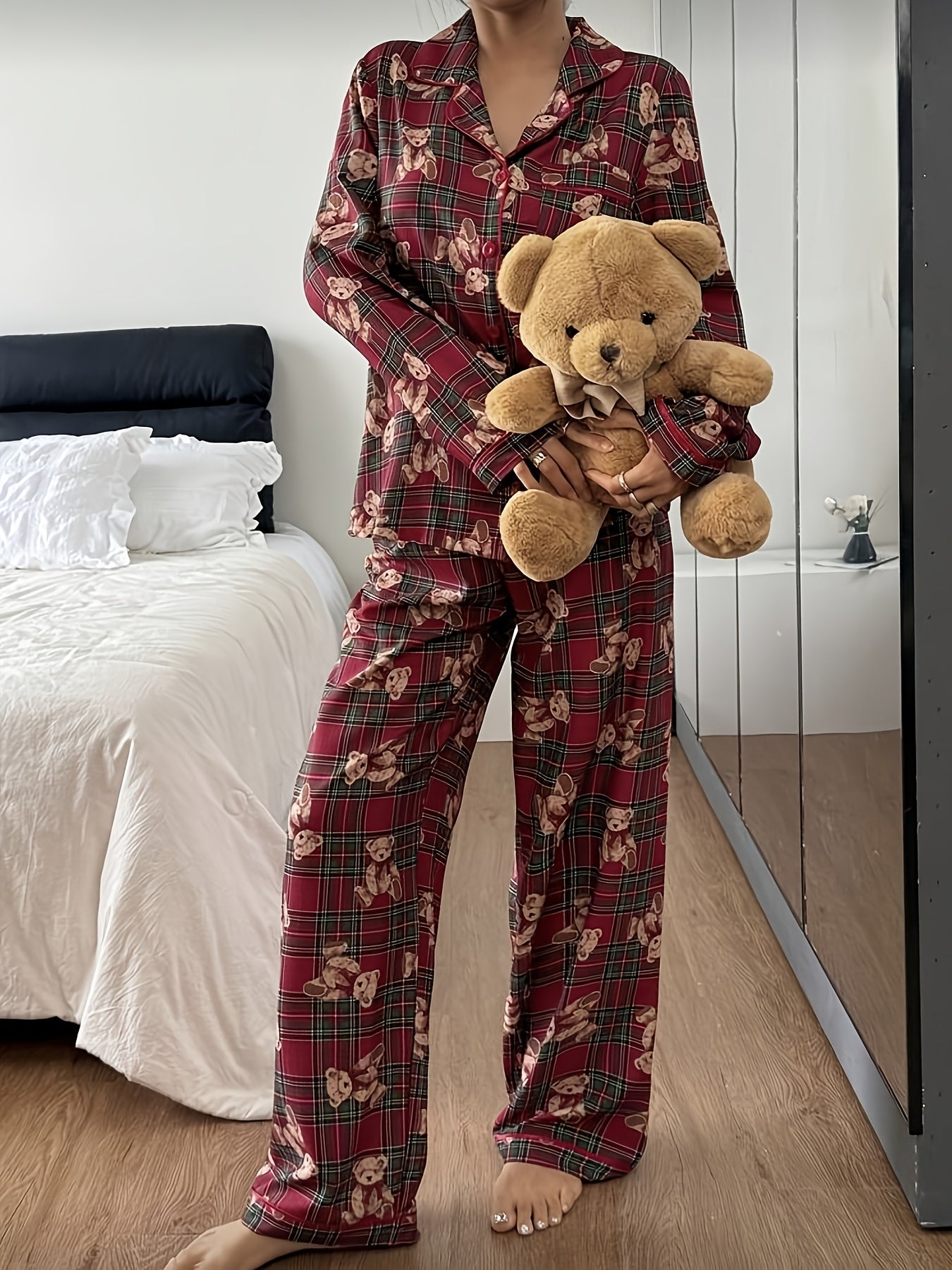 Cozy Bear Plaid Christmas Holiday Pajamas for Women with Notched Collar Long Sleeve Two Piece Style