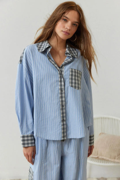 Effortless Striped Plaid Pajama Set for Women with Collar Long Sleeve Wide Leg Two Piece Style