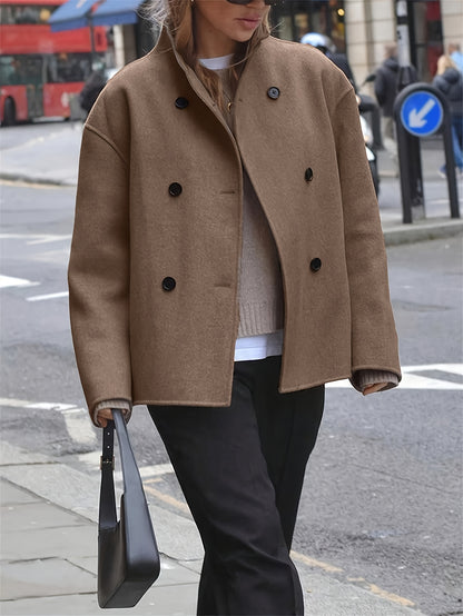 Elegant Camel Wool Pea Coat for Women with Stand Collar Long Sleeve Double Breasted Oversized Style
