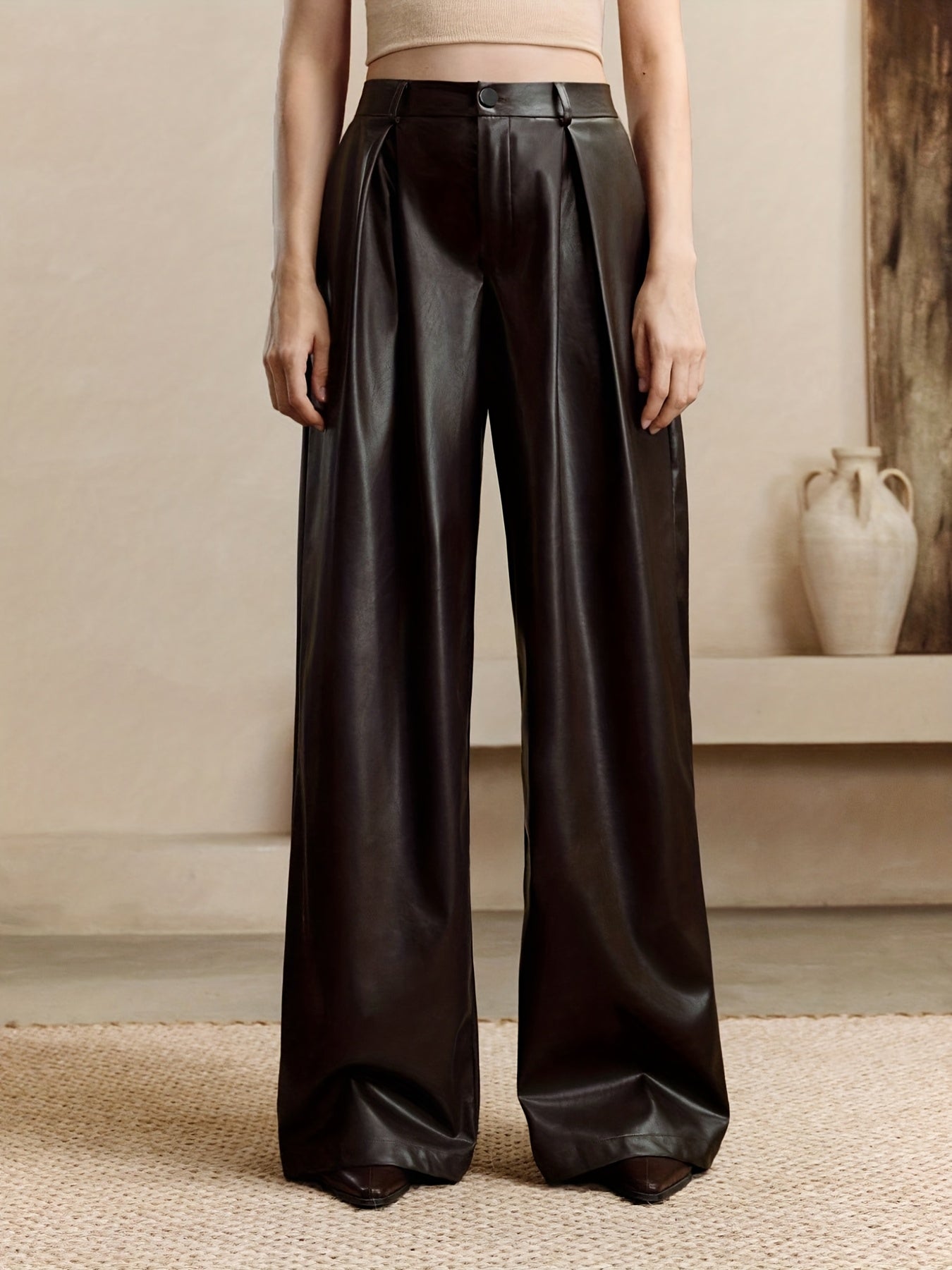 Elegant Coffee Brown Faux Leather Slacks for Women with High Waist Pleated Wide Leg Relaxed Style