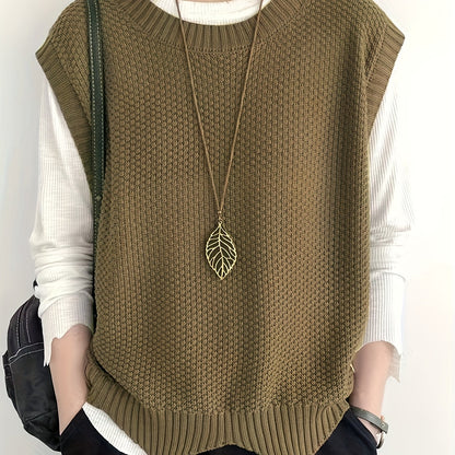 Comfortable Chunky Knit Sweater Vest for Women with Crew Neck Sleeveless Ribbed Trim Relaxed Oversized Style