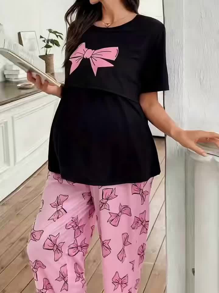 Comfortable Bow Print Maternity Pajama Set for Women with Round Neck Short Sleeve Wide Leg Two Piece Style