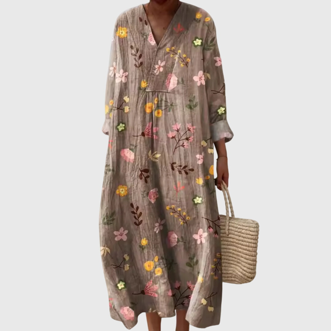 Effortless Printed Linen Maxi Dress for Women with V Neck Long Sleeve Relaxed Oversized Flowing Style