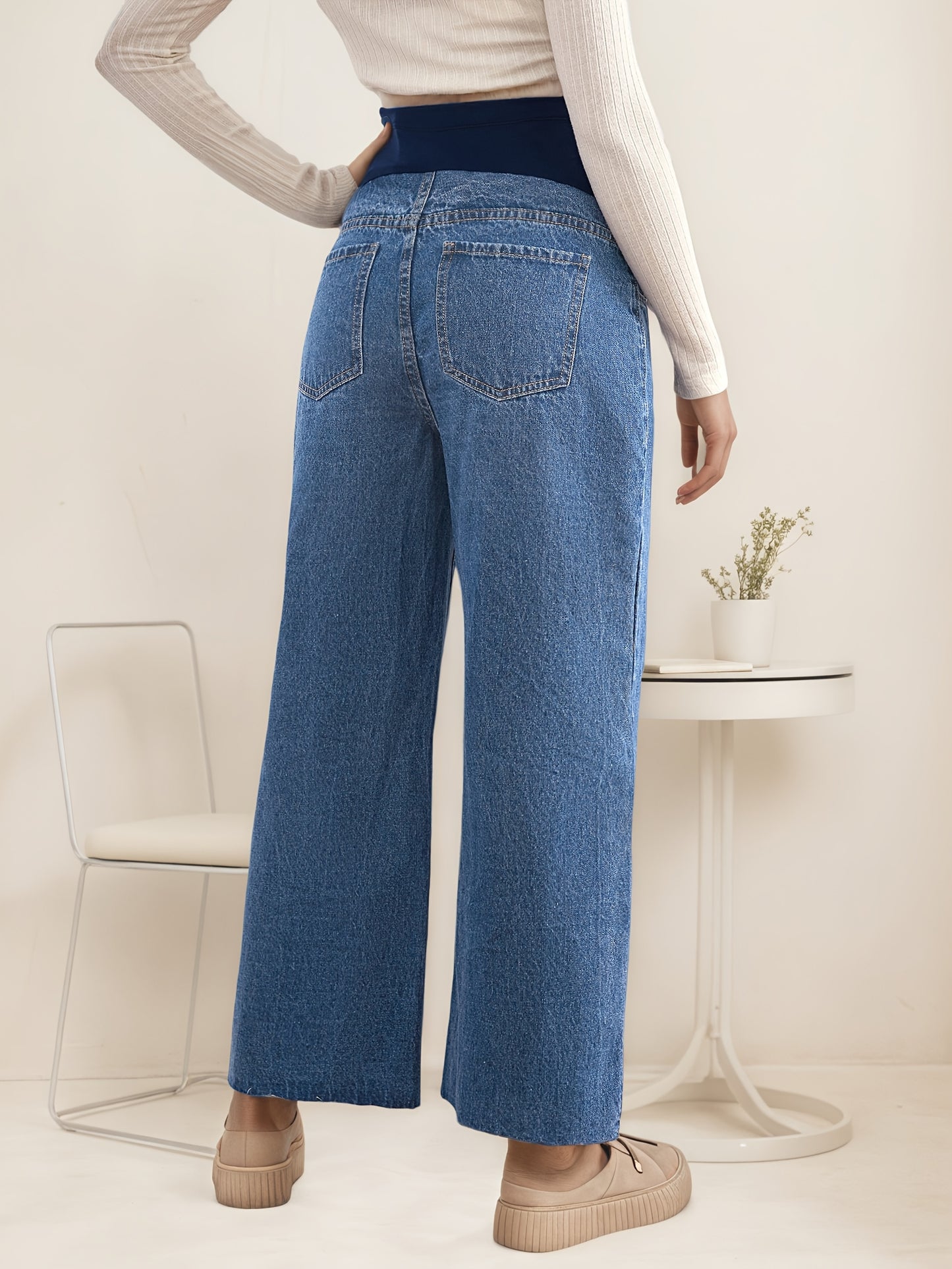 Effortless Blue Denim Maternity Jeans for Women with Wide Leg Belly Band Relaxed Casual Style