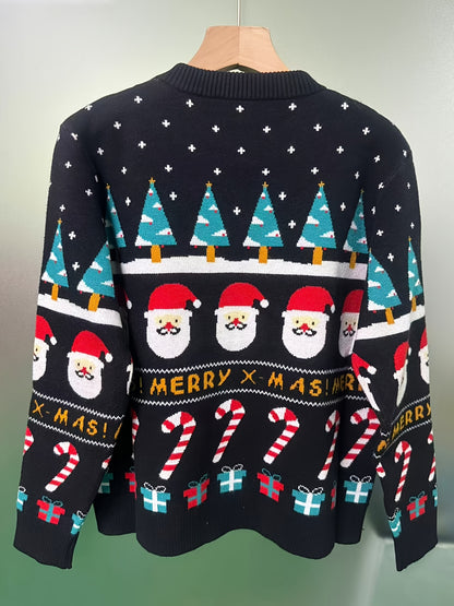 Comfortable Christmas Tacky Sweater for Women with Crew Neck Long Sleeve Santa Print Oversized Knit Style