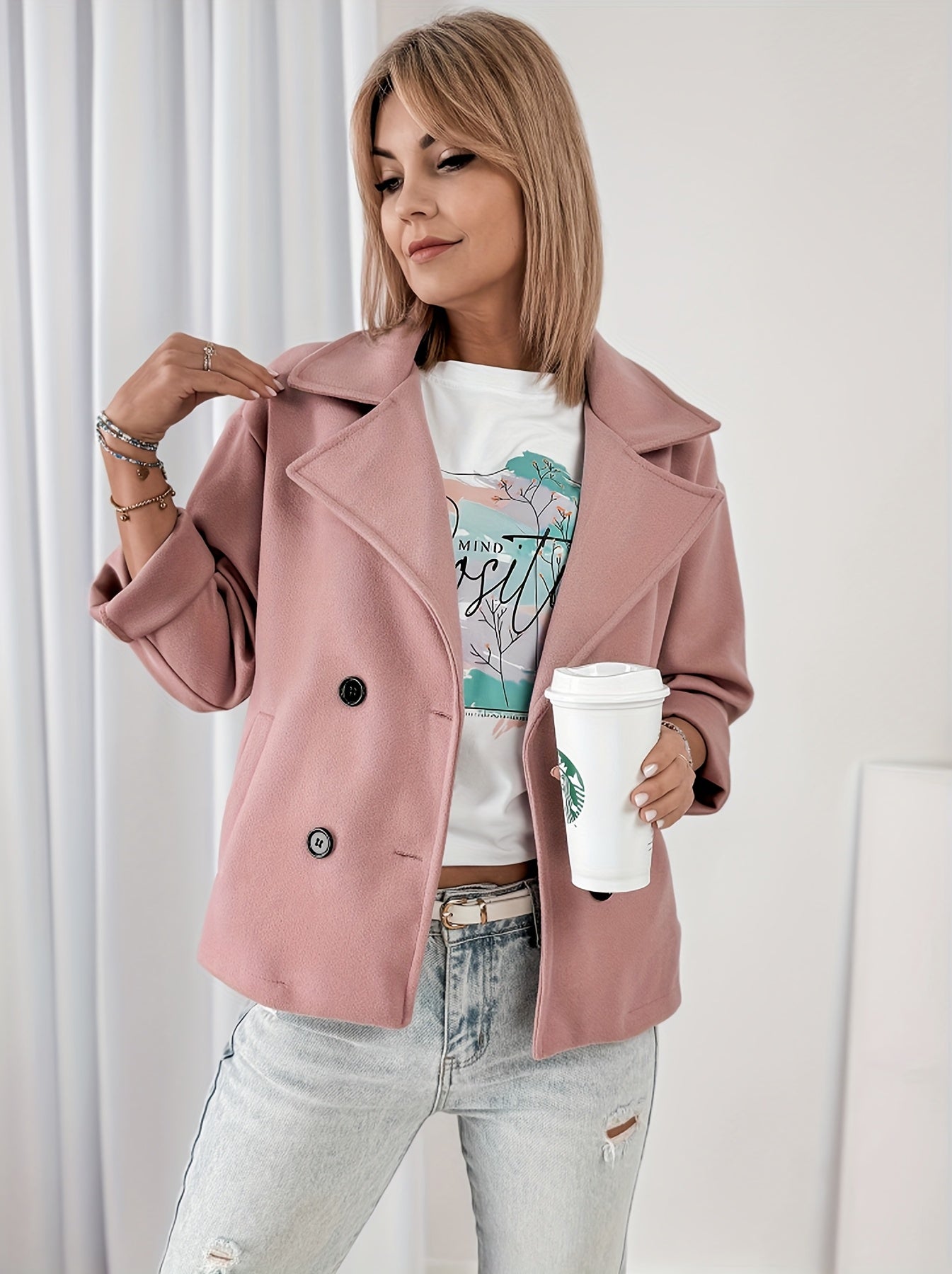 Effortless Pink Pea Coat for Women with Notched Lapel Long Sleeve Double Breasted Cropped Casual Style