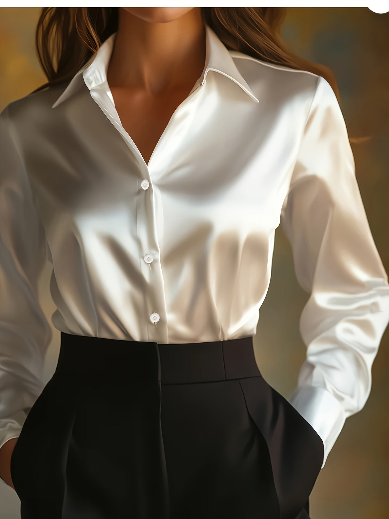 Elegant Satin Long Sleeve Shirt for Women with Collar Button Front Relaxed Silky Style
