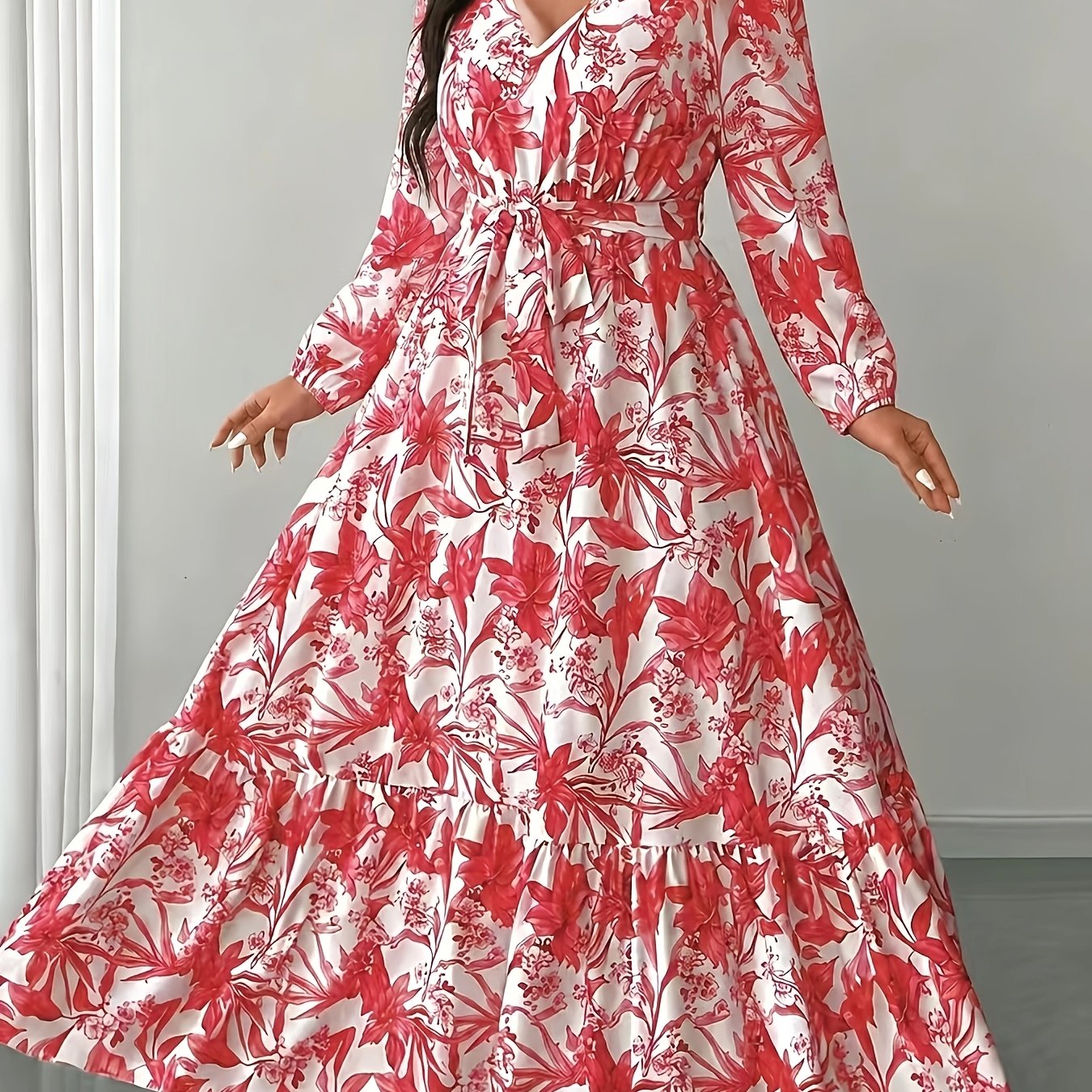 Elegant Floral Long Sleeve Maxi Dress for Women with V Neck Wrap Tie Waist Ruffle Hem Bohemian Style