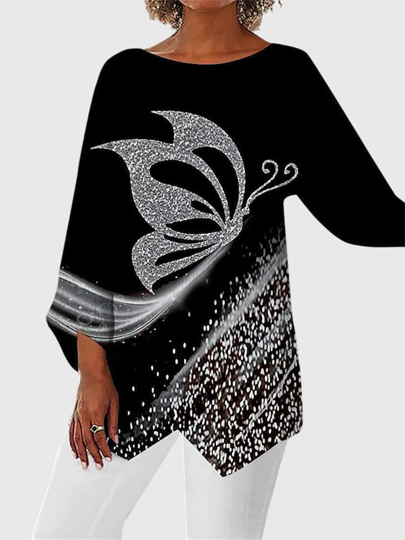 Effortless Black Glitter Butterfly Print Tunic for Women with Boat Neck Batwing Sleeve Asymmetric Hem Casual Style