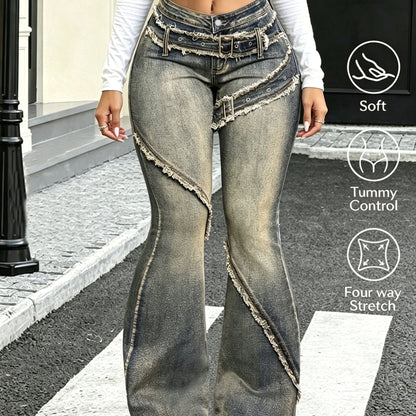 Effortless Blue Distressed Flare Jeans for Women with Frayed Raw Edge Asymmetric Buckle Detail Style