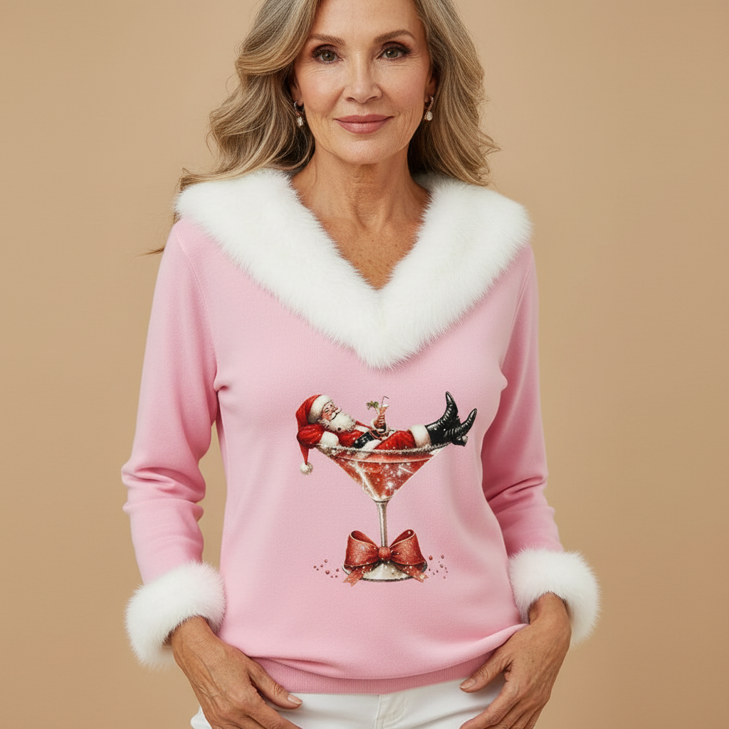 Cozy Women Christmas Sweater with Faux Fur V Neck Long Sleeve Festive Print Style