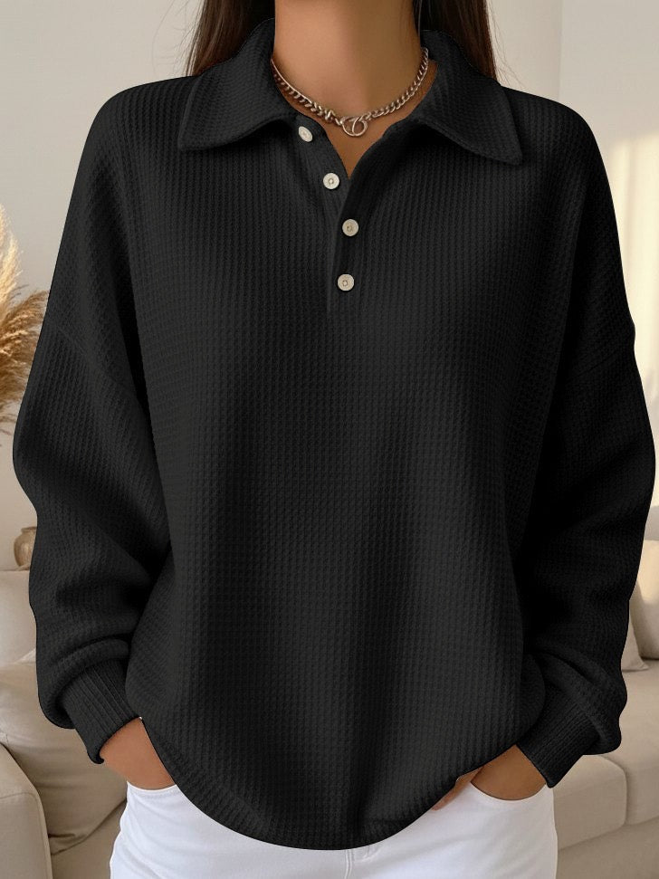 Comfortable Waffle Knit Sweatshirt for Women with Collar Long Sleeve Button Placket Oversized Style