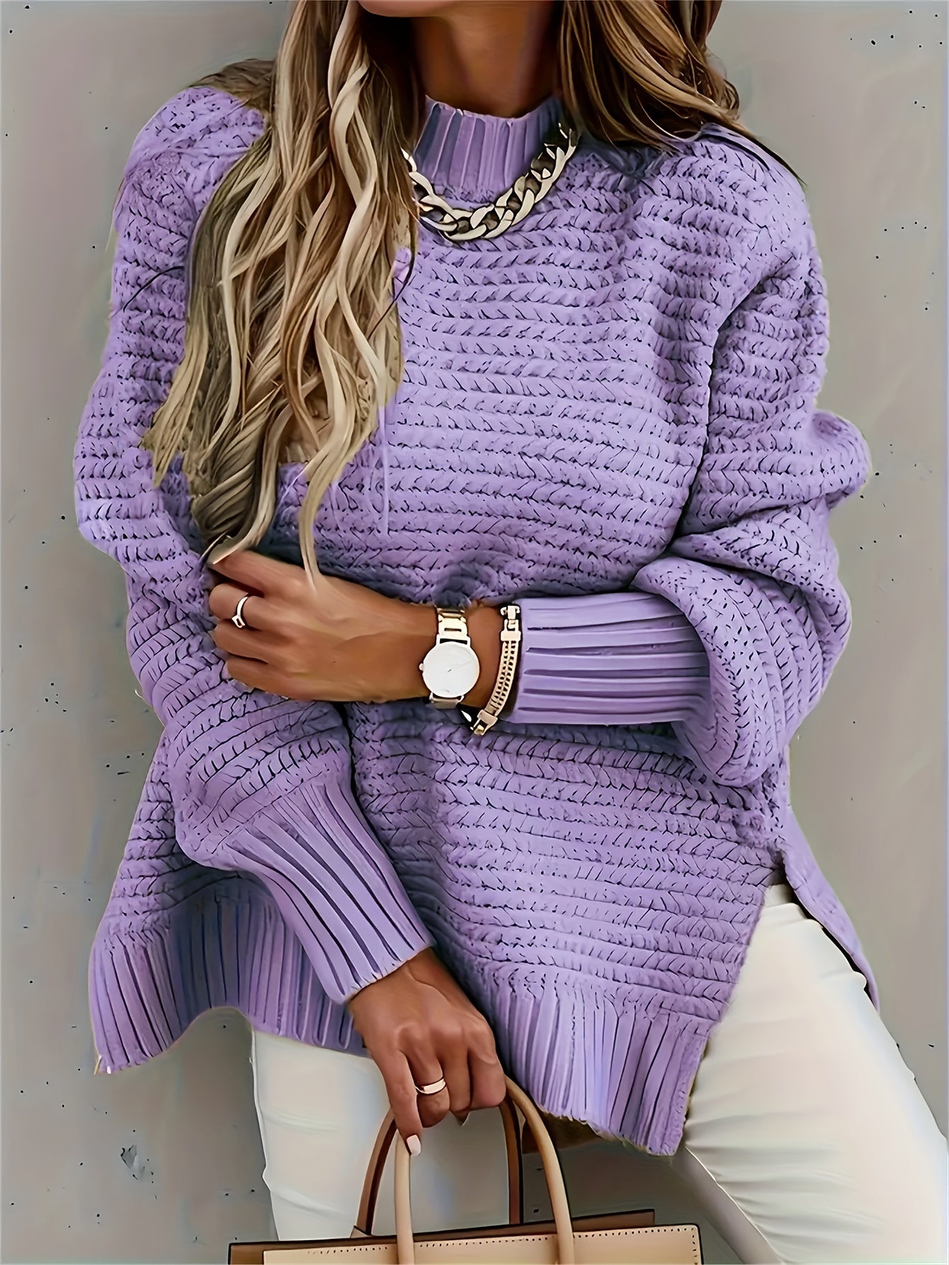Comfortable Textured Knit Sweater for Women with Mock Neck Long Sleeve Ribbed Cuff Relaxed Oversized Style