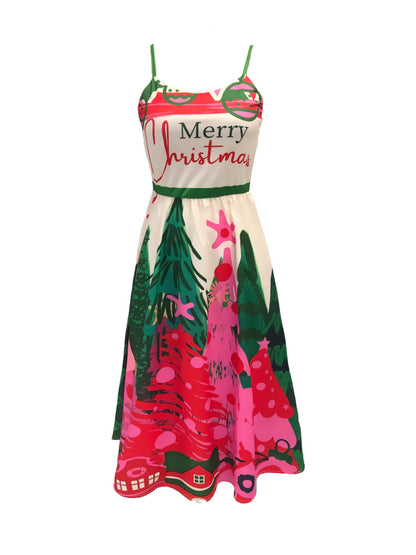 Elegant Festive Print Christmas Party Dress for Women with Scoop Neck Spaghetti Strap A Line Holiday Style
