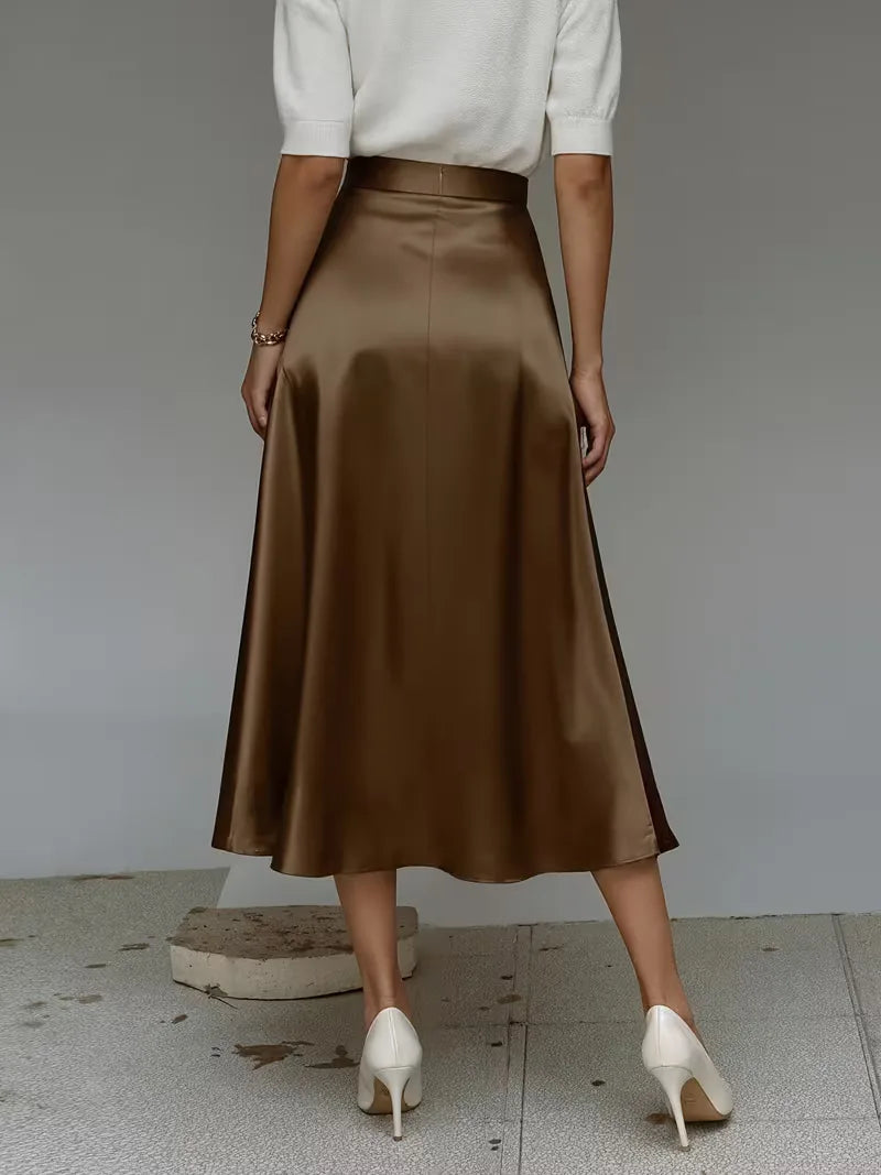 Elegant Satin Midi Skirt for Women with High Waist A Line Pocket Flowing Style