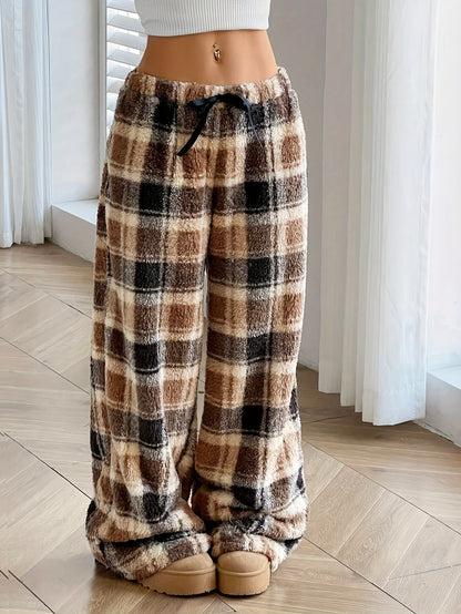 Warm Plaid Fleece Sweatpants for Women with Drawstring Waist Wide Leg Plush Lounge Style