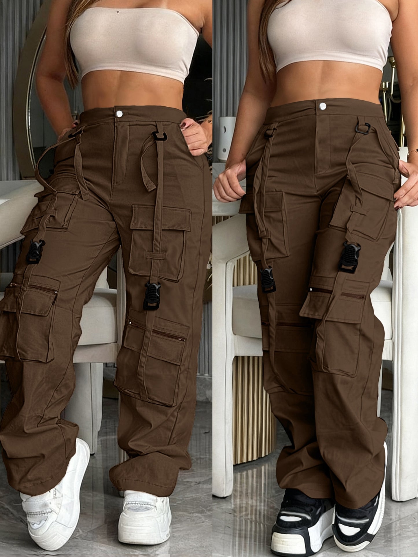 Effortless Cargo Pants for Women with High Waist Multi Pocket Wide Leg Utility Style