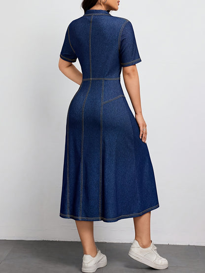 Effortless Blue Denim Dress for Women with Collar Belted Button Front Midi