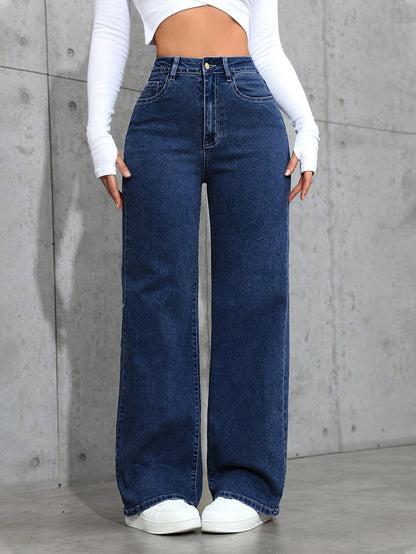 Relaxed Blue Wide Leg Jeans for Women with High Waist Flowing Loose Fit Denim Style