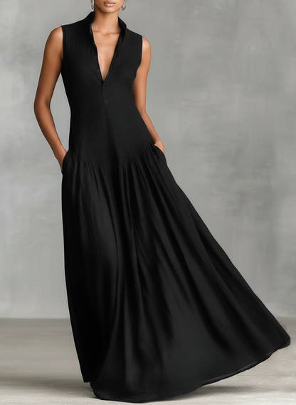 Effortless Black Dress for Women with Collar V Neck Button Front Sleeveless Flared Linen Casual Maxi Style