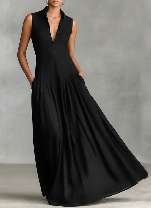 Effortless Black Dress for Women with Collar V Neck Button Front Sleeveless Flared Linen Casual Maxi Style