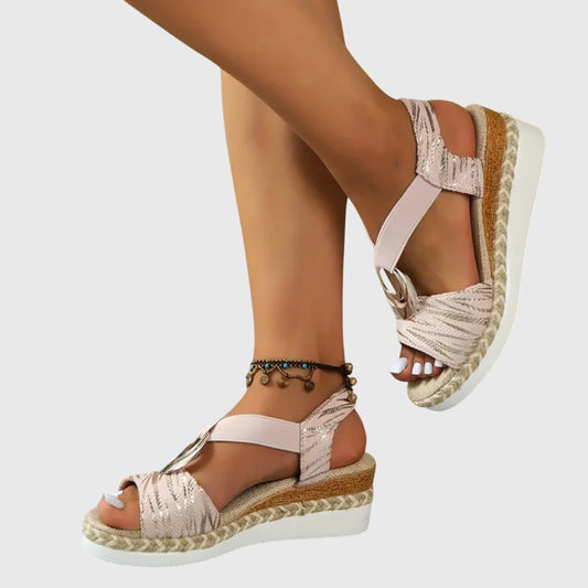 Comfortable Orthopedic Sandals for Women with T-Strap Elastic Band Espadrille Platform Metal Ring Open Toe Style