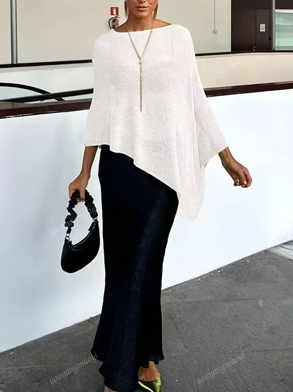 Effortless Poncho Shirt for Women with Asymmetric Hem Draped Knit Relaxed Style
