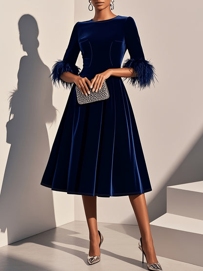 Elegant Velvet Semi Formal Dress for Women with Round Neck Feather Trim Sleeve Fit and Flare Midi Party Style